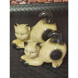 2- Beige and Tan Brown Cat with Blue Eyes Crouched Cat Figurines